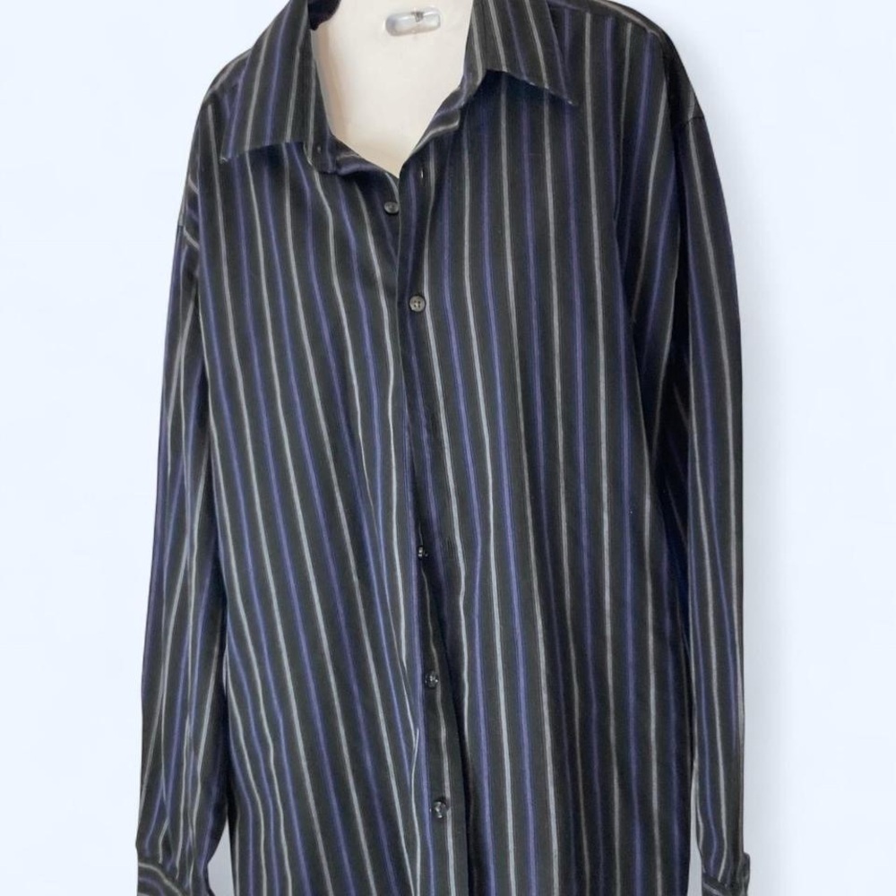 Striped black and blue button-up shirt #stripes Van-Heusen XL No Iron